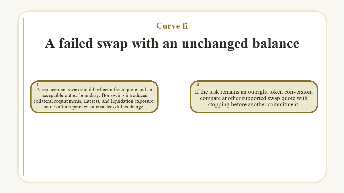 A failed swap with an unchanged balance: A replacement swap should reflect a fresh quote and an acceptable output boundary. Borrowing introduces collateral requirements, interest, and liquidation exposure, so it isn’t a repair for an unsuccessful exchange.; If the task remains an outright token conversion, compare another supported swap quote with stopping before another commitment.