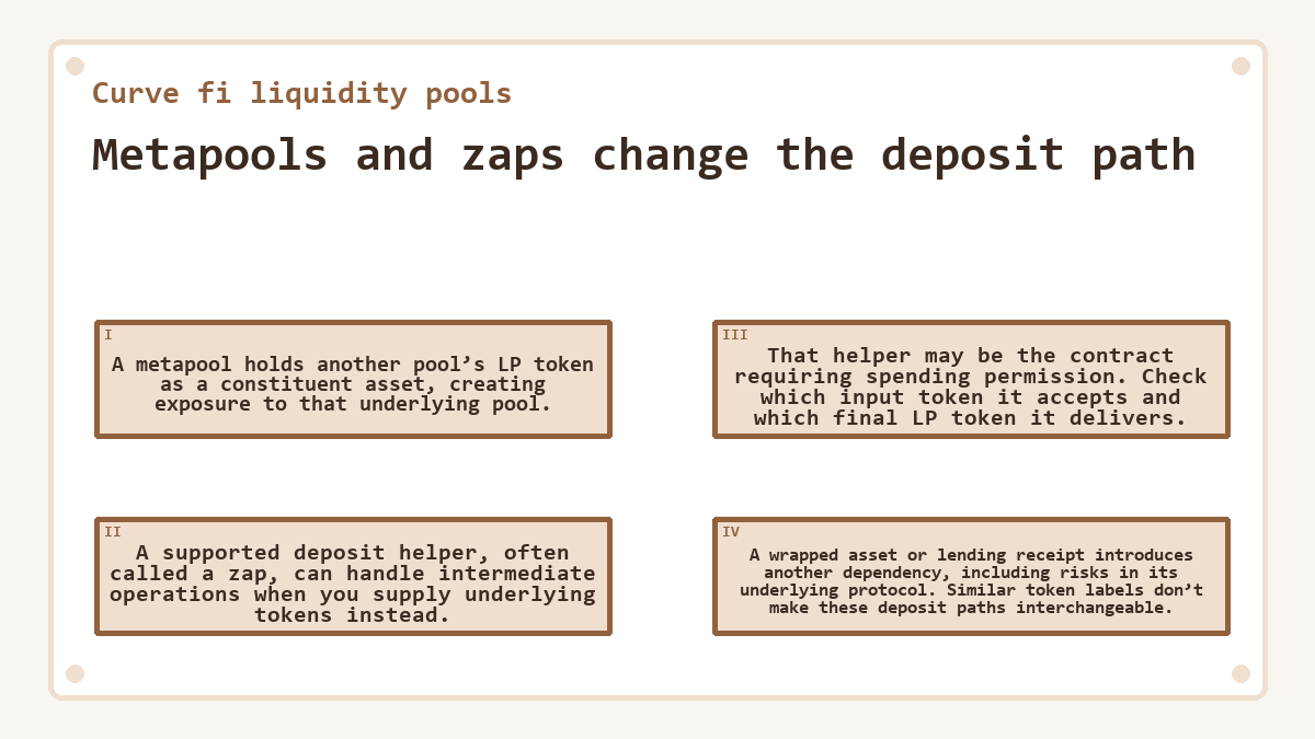 Metapools and zaps change the deposit path: A metapool holds another pool’s LP token as a constituent asset, creating exposure to that underlying pool.; A supported deposit helper, often called a zap, can handle intermediate operations when you supply underlying tokens instead.; That helper may be the contract requiring spending permission. Check which input token it accepts and which final LP token it delivers.; A wrapped asset or lending receipt introduces another dependency, including risks in its underlying protocol. Similar token labels don’t make these deposit paths interchangeable.